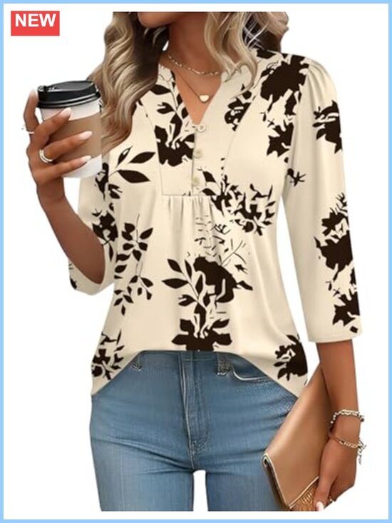 Tops - Womens 3/4 Sleeve Henley V-Neck Blouse Pleated Curved Hem